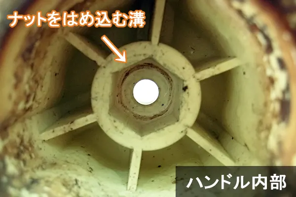ハンドル内部のナットをはめ込む溝