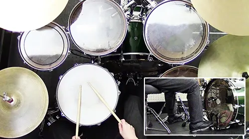 全画面にワイプ画面を重ねた2アングルのドラム演奏動画の画面構成1